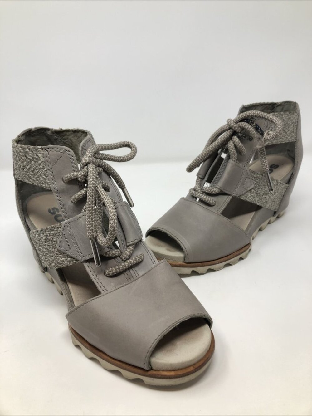 Sorel Shoes Womens 7 Joanie Kettle Gray Leather Canvas Lace Up Tie Wedge Sandal*